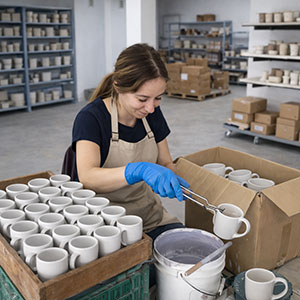 María José Martínez Agea Trabajadora de Cerámica Muñoz en Andújar aplicando esmalte a piezas de cerámica